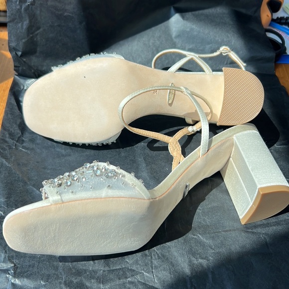 Badgley Mischka Blaine Ivory Satin Beaded Mesh Dress Sandals - Picture 13 of 13